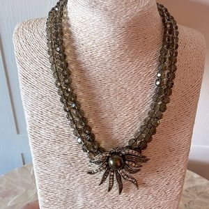 Heidi Daus Sublime Star Three Strand Green Faux Pearl Crystal Necklace